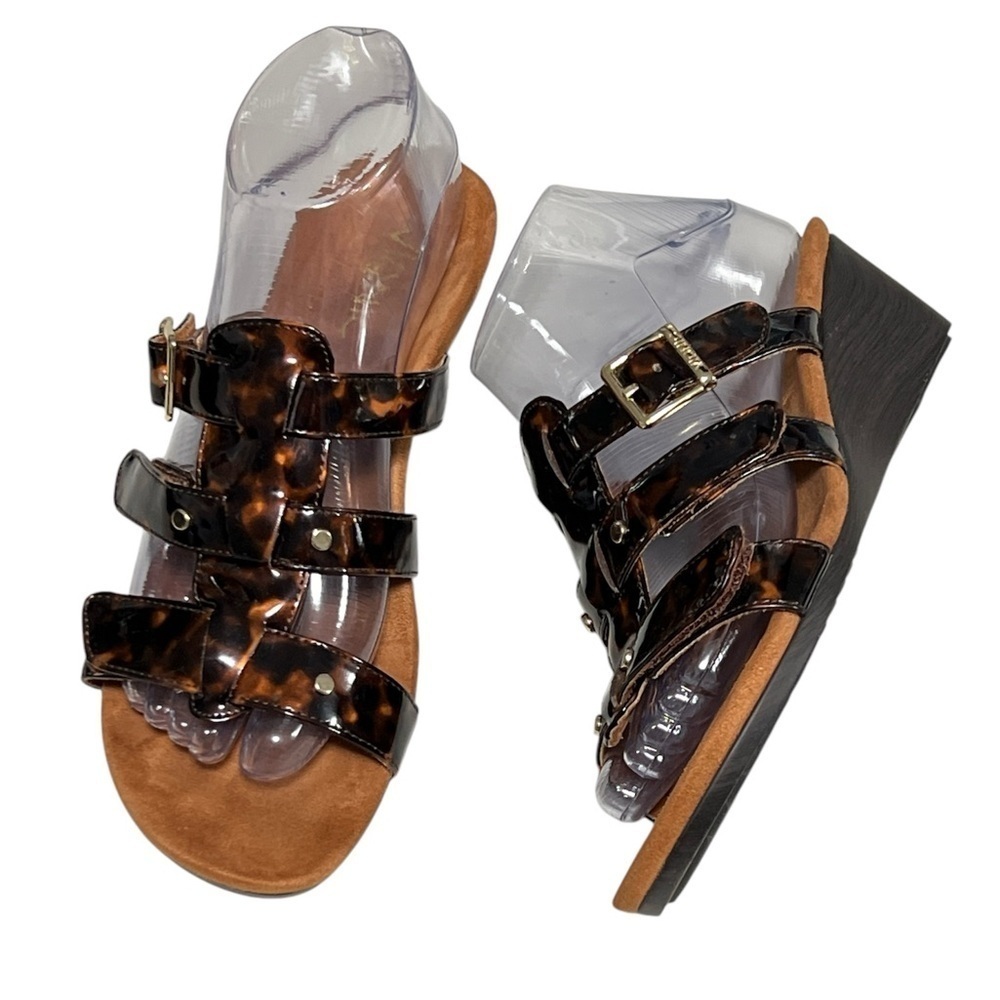 VIONIC Orthotic Adjustable Triple Strap Slide Wedges Radiator in Tortoise shell